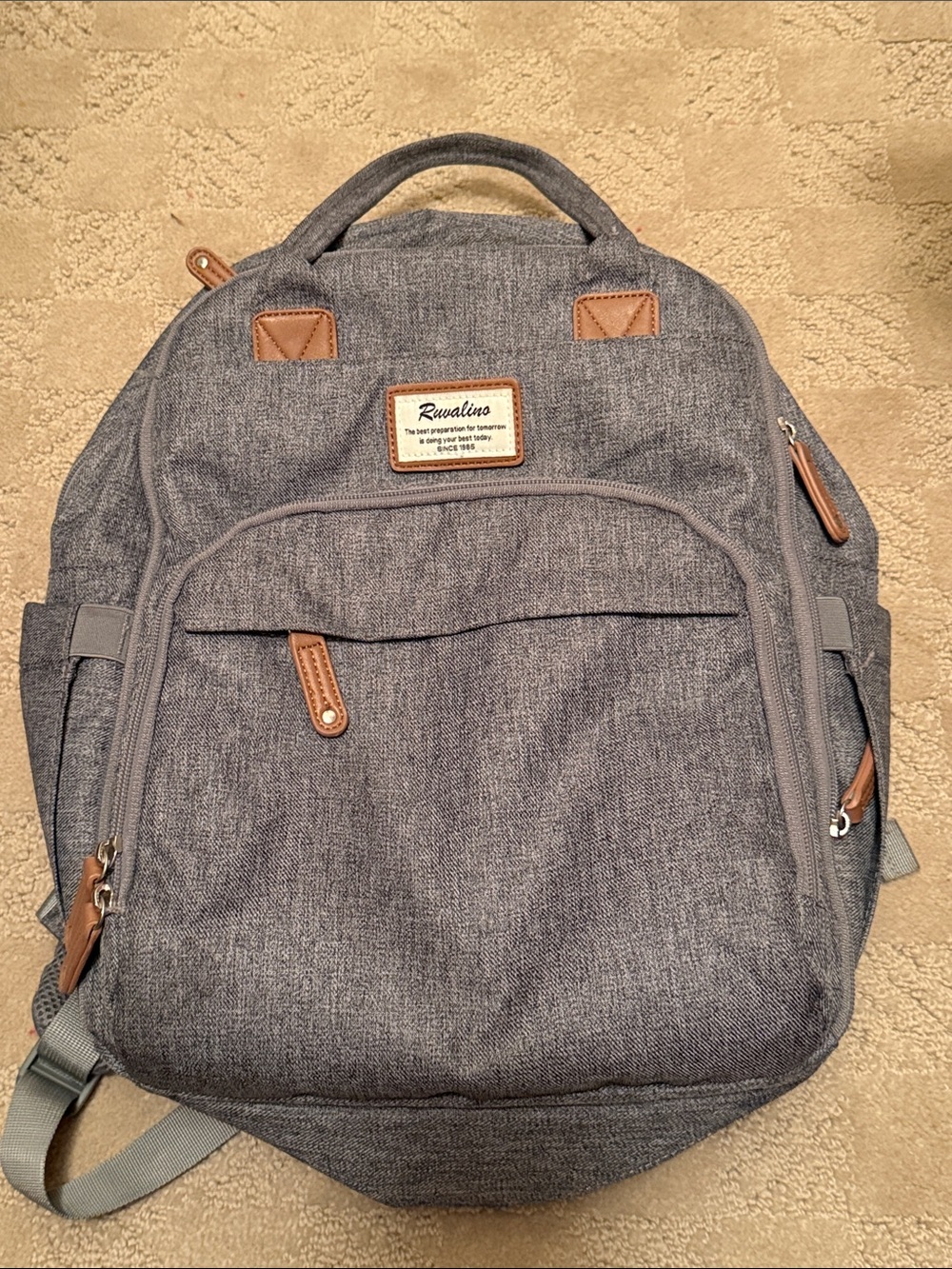 Rivaling Gray diaper bag Backpack with Tan Accents